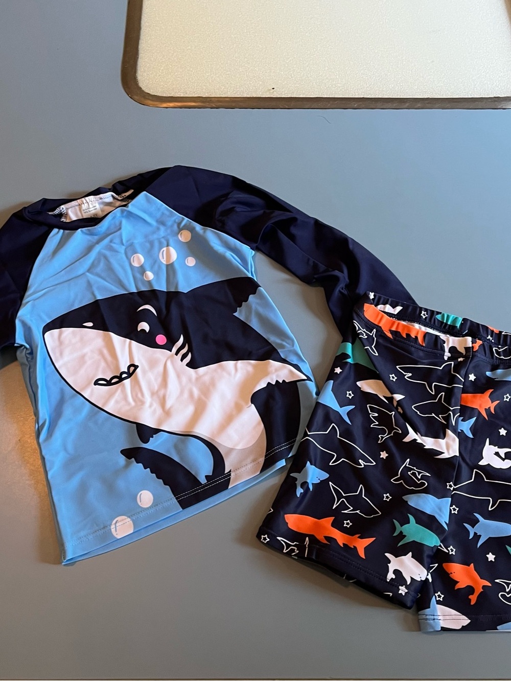 Kids Shark Rashguard Set - Light Blue, Navy, Orange, White